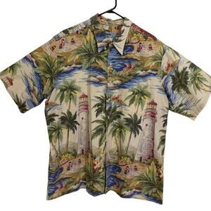 Vtg Reyn Spooner Hawaiian Mens 2XL Beach Palm Lighthouse Short Sleeve Button *